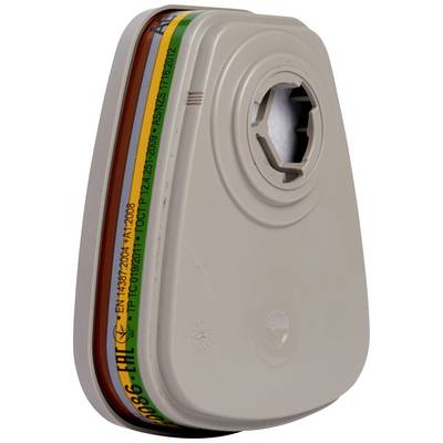 A grey respiratory filter with coloured stripes on the side. The stripes are orange, yellow, green, and are marked with EN14387.