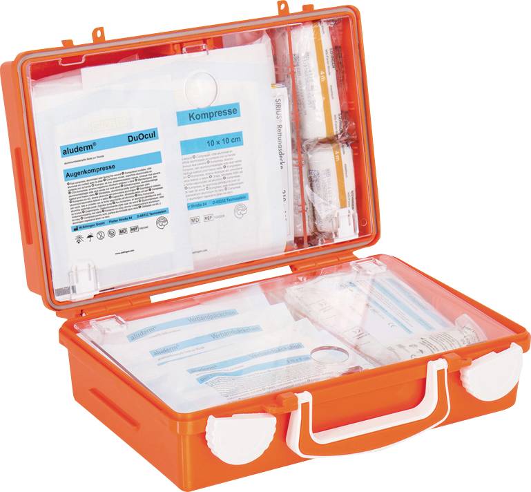 Orange first aid kit, opened, shows sterile gauze, dressing materials and plasters for first aid measures.