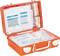 Orange first aid kit, opened, shows sterile gauze, dressing materials and plasters for first aid measures.