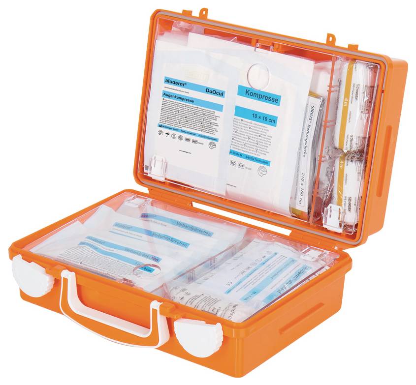 An open, orange first aid kit with various bandages, compresses, and plasters, ready for quick use.