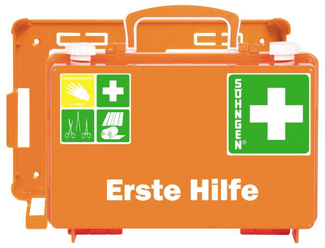 Orange first aid kit with white cross and first aid symbols. Contains symbols for protective gloves, scissors, plasters.