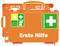 Orange first aid kit with white cross and first aid symbols. Contains symbols for protective gloves, scissors, plasters.