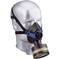 A grey bust wears a respirator mask with a round filter at the front. The mask has black and blue details.
