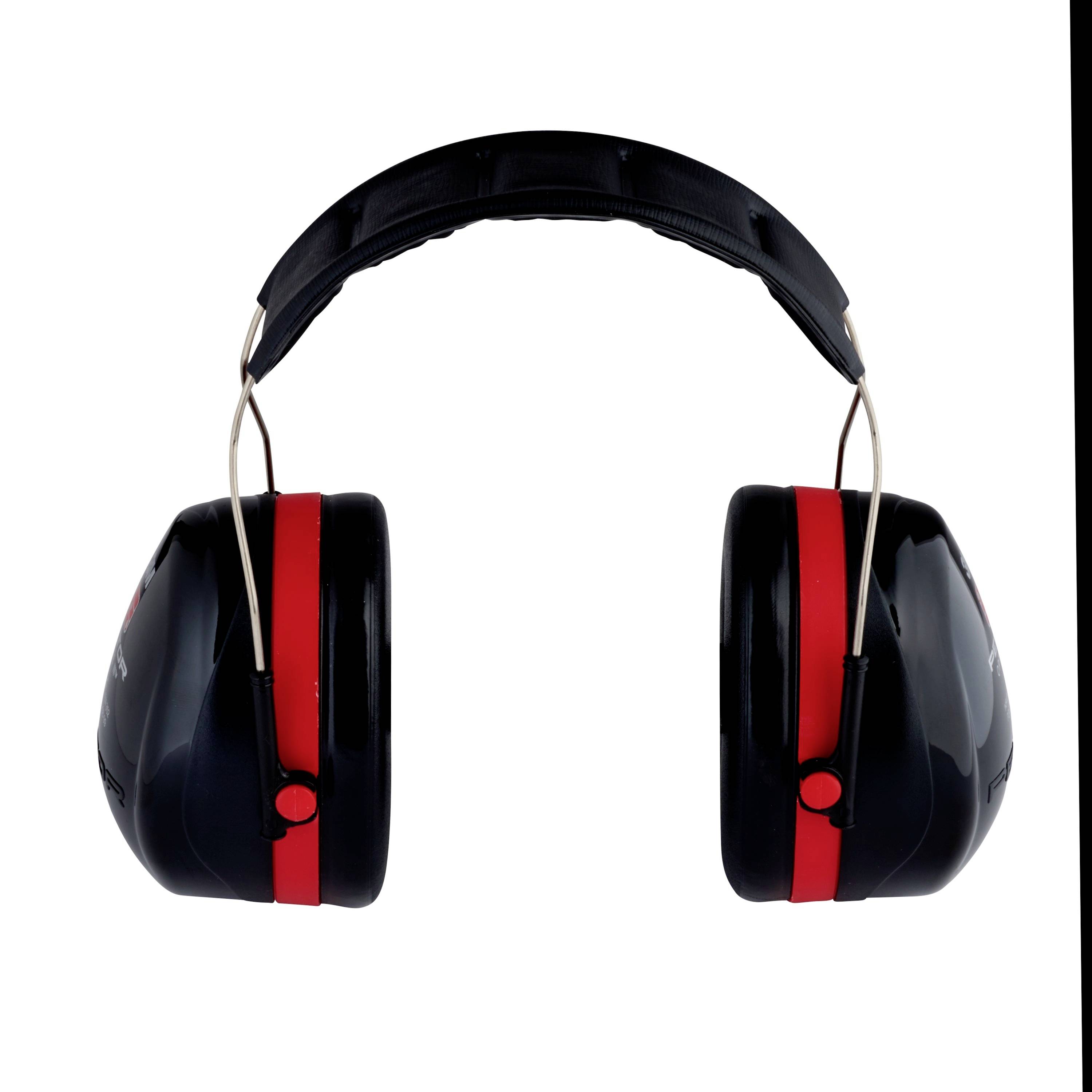 A pair of black protective headphones with red accents, shown from the front. They are designed for hearing protection in noisy environments.