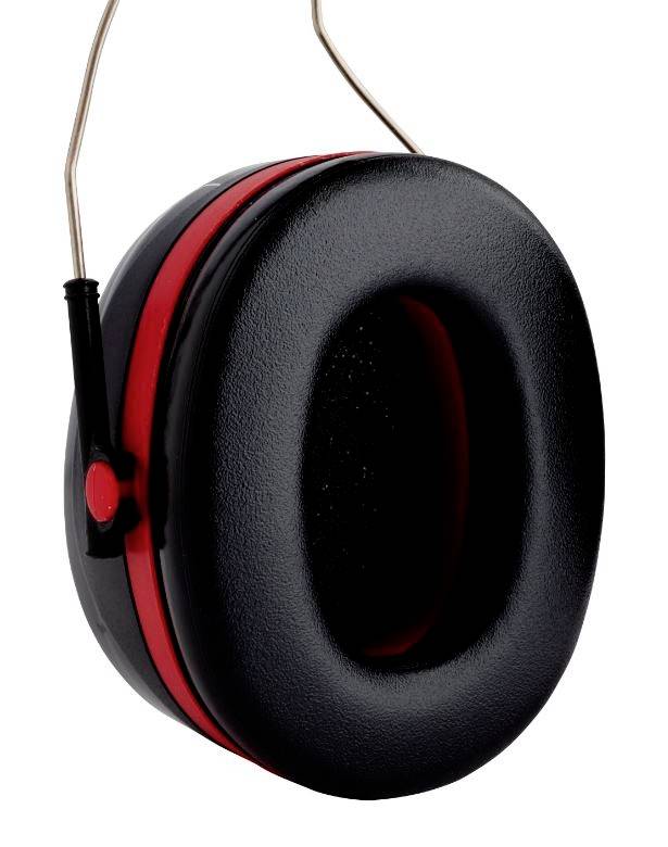 Black and red ear defenders with ear cushions and metal headband for noise reduction and sound insulation in loud environments.