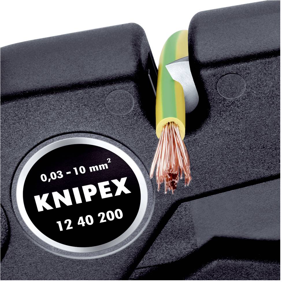 'KNIPEX 12 40 200' wire strippers are cutting a cable with a green and yellow outer sheath and exposed copper wires.