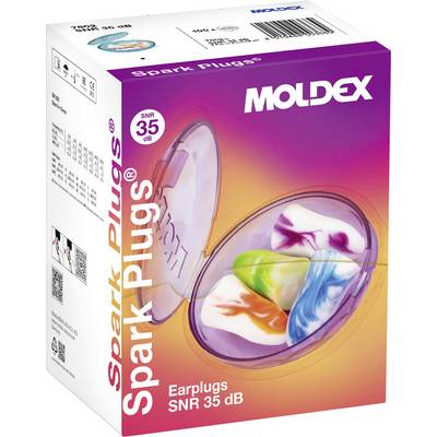 Box of Moldex 'Spark Plugs' earplugs, labeled with SNR 35 dB, showcasing colorful earplugs in a clear case.