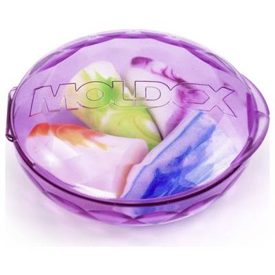 A purple round container labeled 'Moldex' holds colorful earplugs in green, blue, orange, and white swirls.