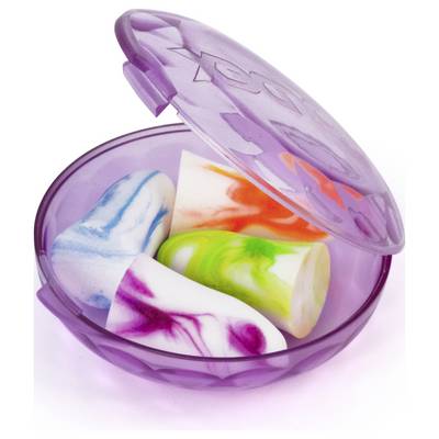 'Four colorful earplugs in a purple case with a transparent lid.'