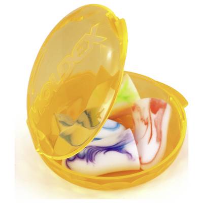 Bright yellow case open, revealing five colorful earplugs inside. The earplugs have swirling patterns in various colors.