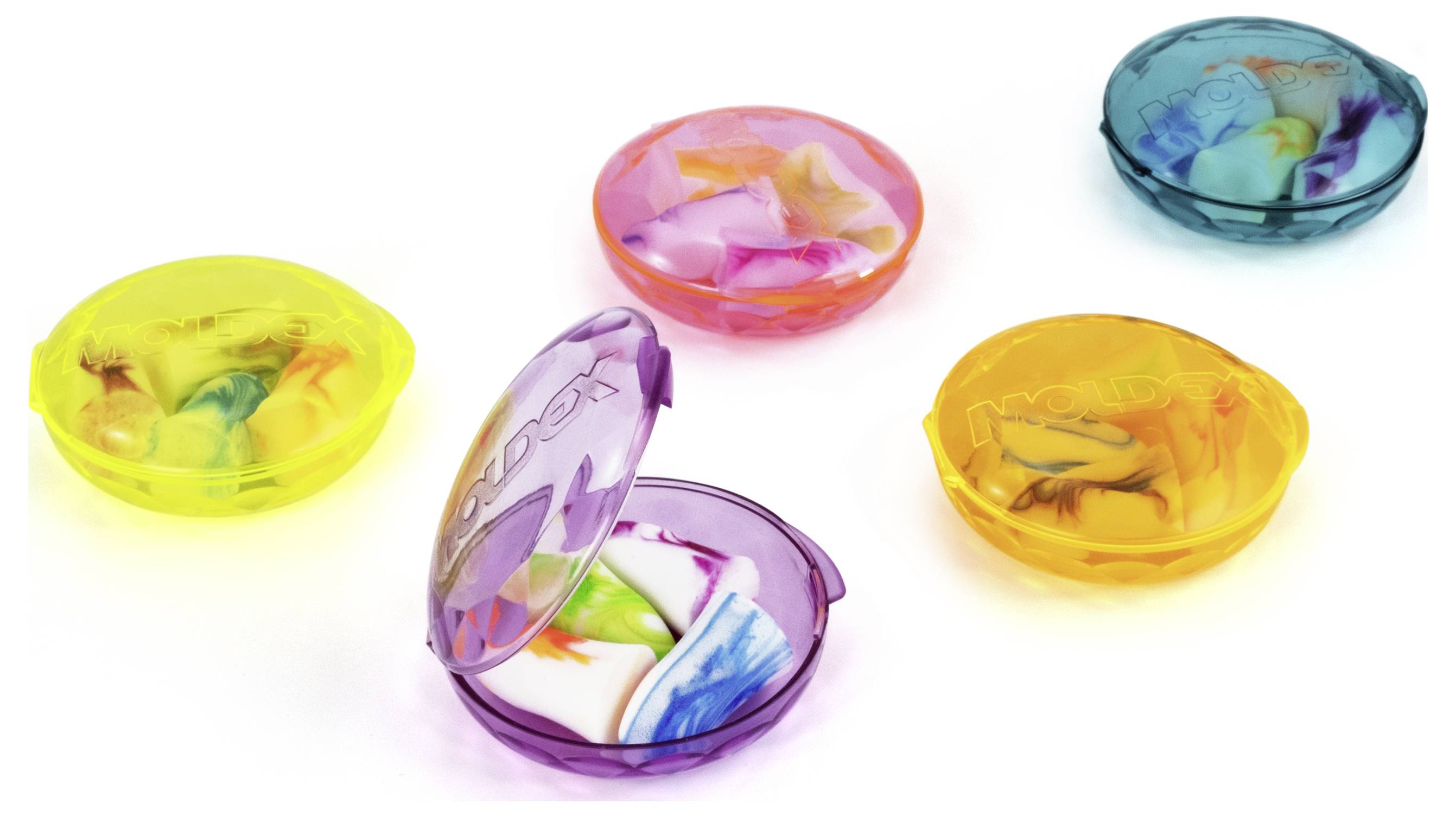 Five colorful, round containers filled with vibrant laundry detergent pods, each container with a distinct transparent hue.