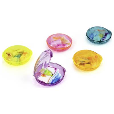 Five colorful, round containers filled with vibrant laundry detergent pods, each container with a distinct transparent hue.