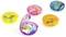 Five colorful, round containers filled with vibrant laundry detergent pods, each container with a distinct transparent hue.