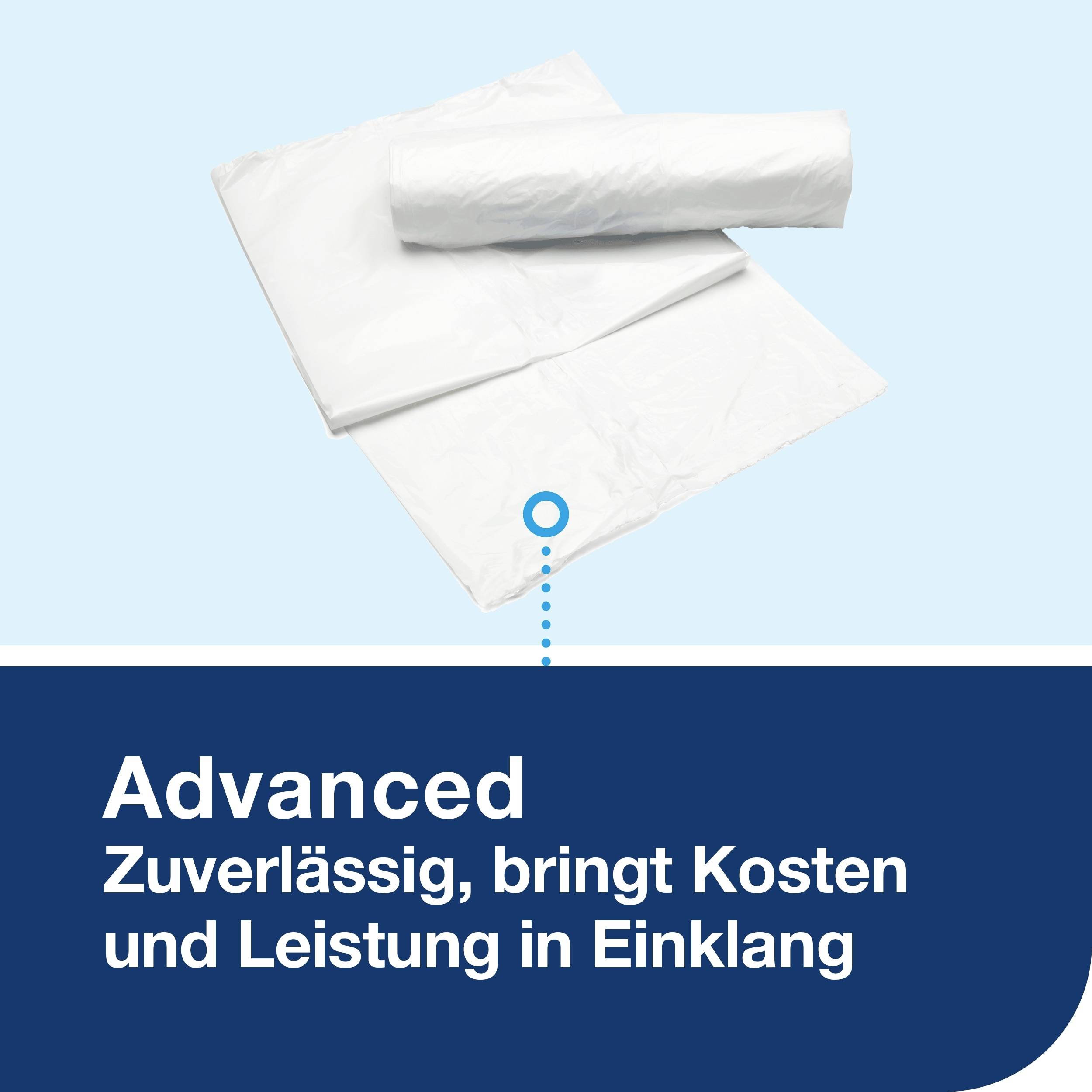 Plastic rolls on a white background, with text underneath: 'Advanced Reliable, balances costs and performance'.