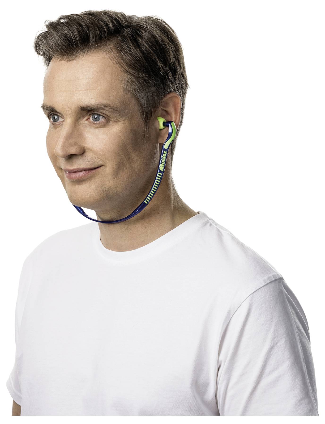 Man wearing a white shirt and green-blue earphones with a cord. His gaze is directed to the right, suggesting focus or contemplation.