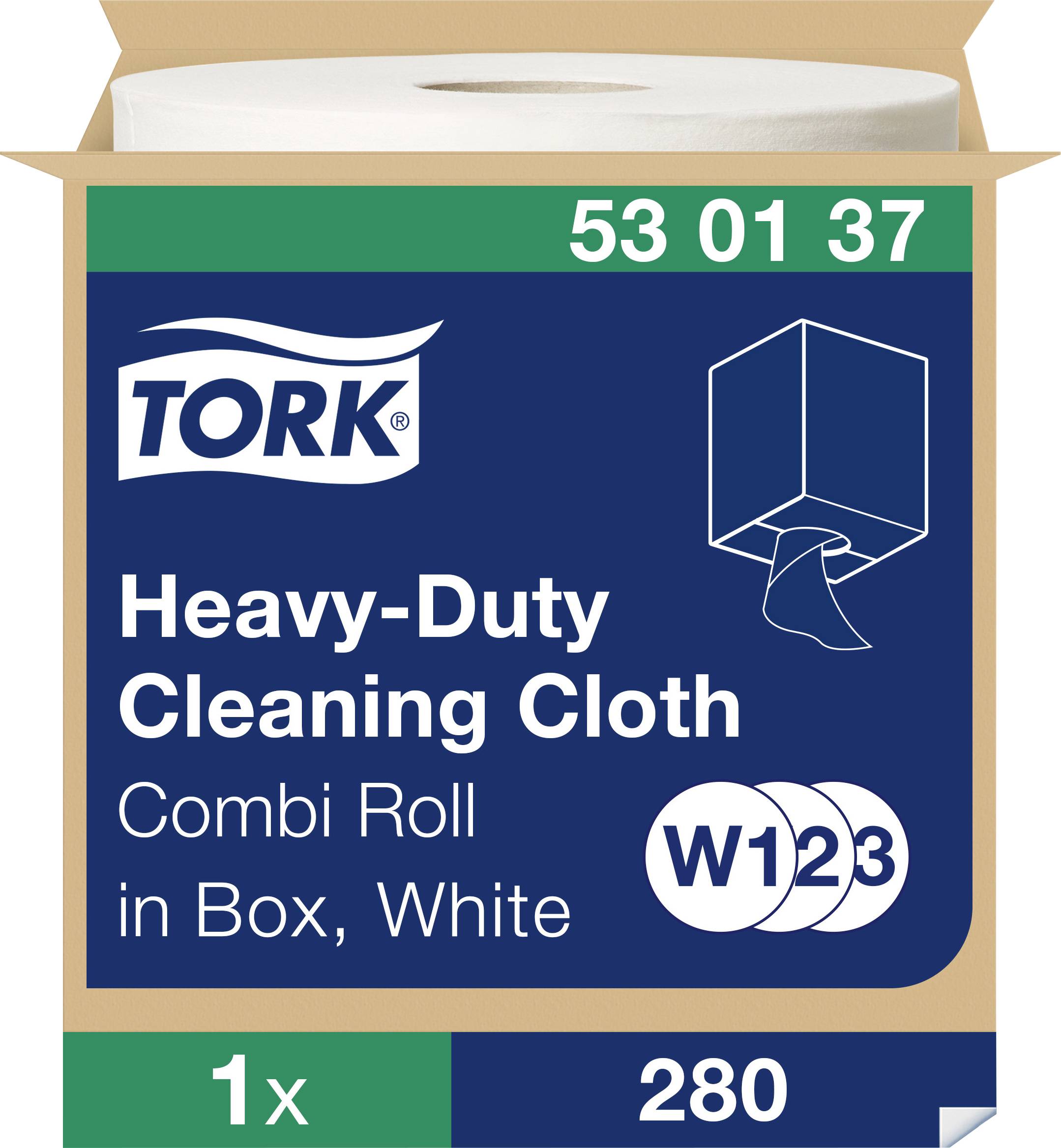 Tork Cleaning Paper Strong, White Colour. Carton Contains Combi Roll with 280 Sheets. Model Number: 53 01 37.