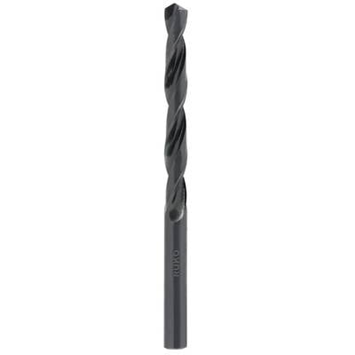 A black metal twist drill bit with a sharp point for drilling into various materials.