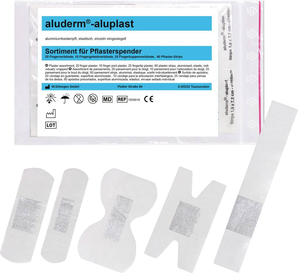 'Packaging of the aluderm-alupast range with various plasters. Information on size, quantity, and manufacturer is provided.'