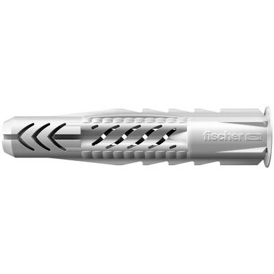 Silver Fischer wall plug anchor with slotted body and black chevron markings, shown horizontally on a white background.
