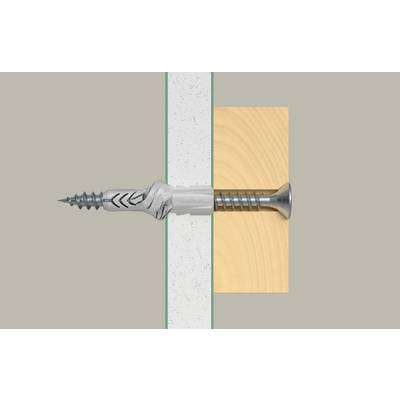 Illustration of a screw anchor fixed through a wall into wood, showing fastening hardware securing materials together.