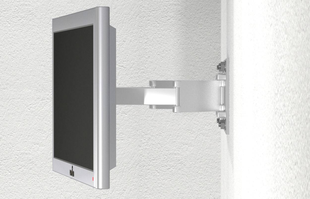 A monitor is mounted on a pivoting wall bracket. The design is silver and functional, ideal for offices or workspaces.