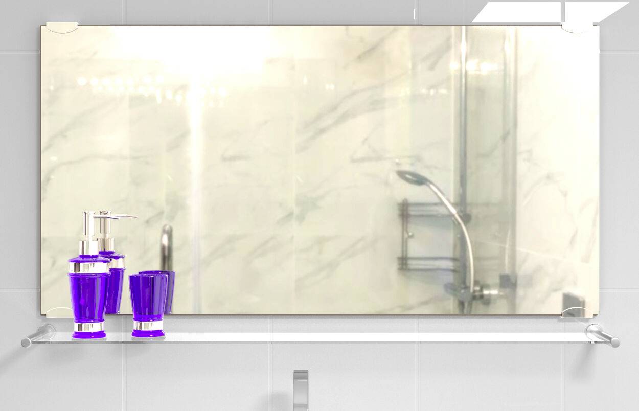 A bathroom with a large mirror reflecting a shower. On a shelf, there is a purple soap dispenser and a toothbrush holder.