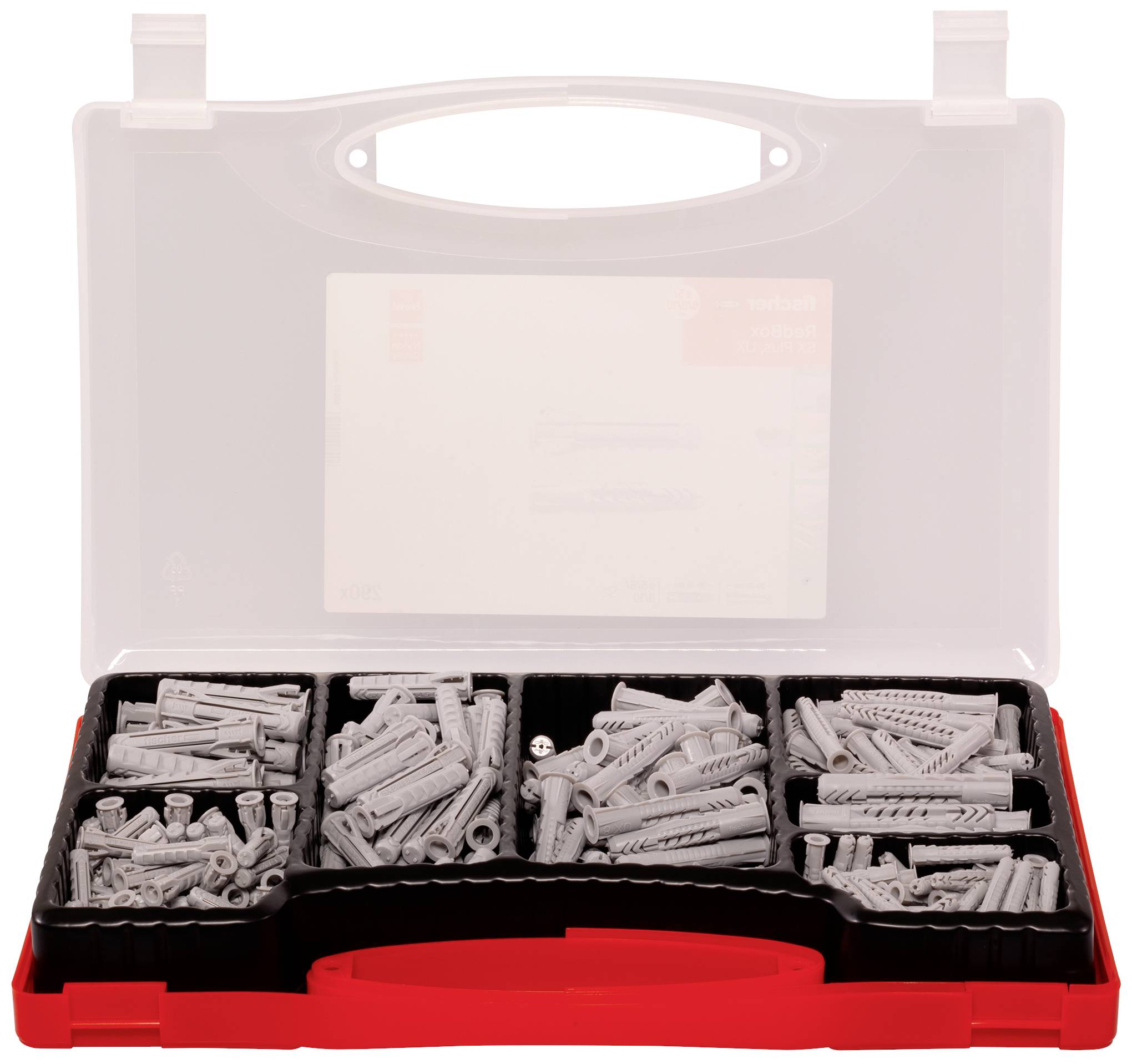 Grey wall plugs in various sizes are organised in a red plastic compartment box.
