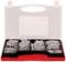 Grey wall plugs in various sizes are organised in a red plastic compartment box.