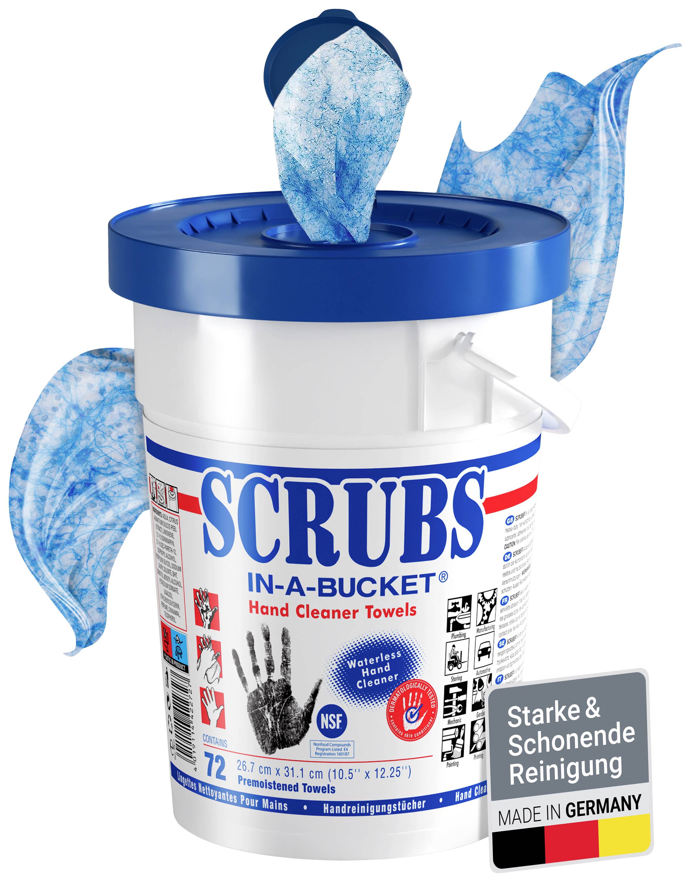 A bucket labelled 'SCRUBS IN-A-BUCKET' contains hand-cleaning wipes. A label shows 'Made in Germany'.