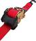 Ratchet strap with red band, robust metal mechanism and hook, for securing items during transport.