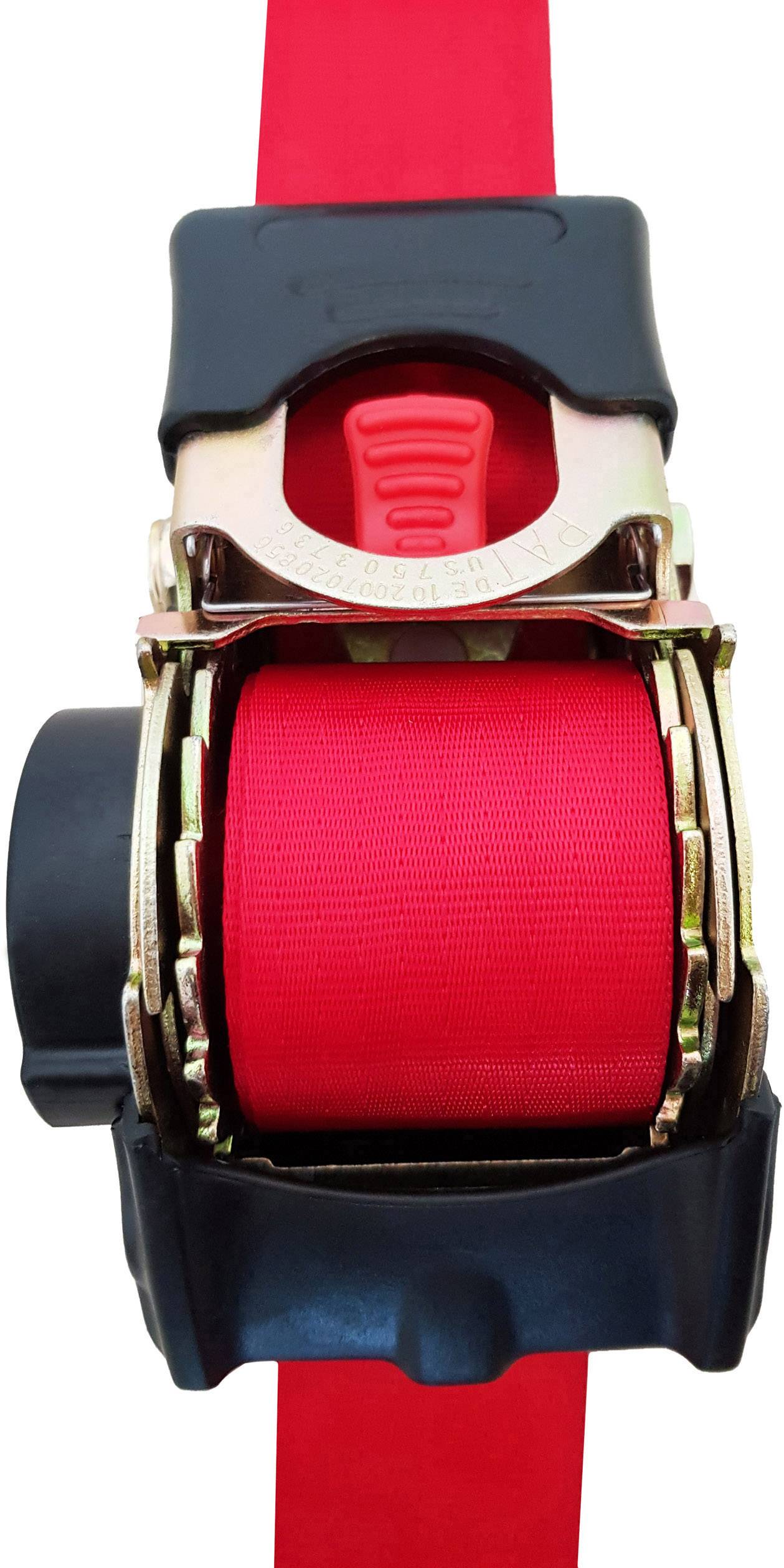 A red tension strap is secured in a ratchet. The ratchet has a black plastic handle and a lever mechanism for tension adjustment.