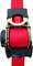 A red tension strap is secured in a ratchet. The ratchet has a black plastic handle and a lever mechanism for tension adjustment.