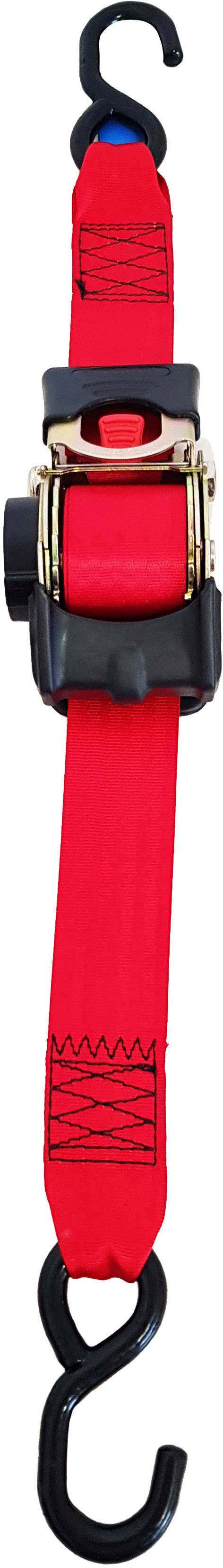 Red tension strap with hooks at both ends, adjustable ratchet in the middle. Ideal for securing cargo.