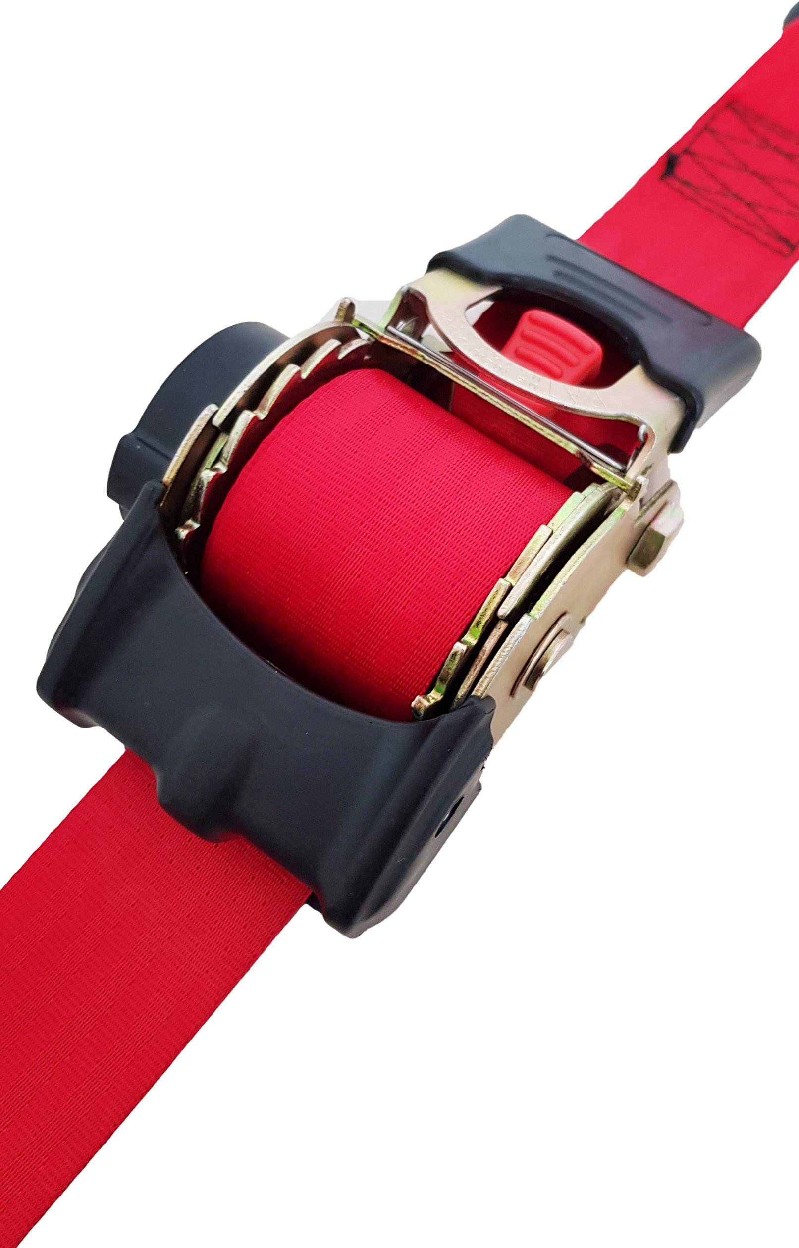 Red ratchet strap on a white background, used for securing loads.