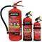 Three red fire extinguishers of varying sizes by Petex. The largest has a hose extension. Instructions visible on the print.