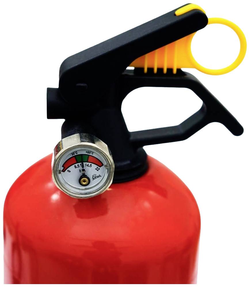 Red fire extinguisher with pressure gauge, showing 8 Bar. Black handle with yellow safety ring.