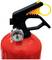 Red fire extinguisher with pressure gauge, showing 8 Bar. Black handle with yellow safety ring.