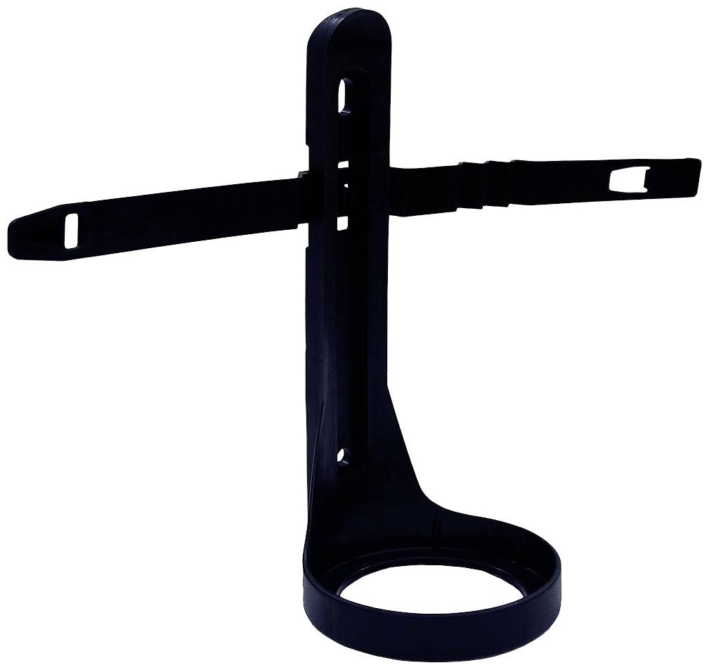 Black plastic holder, oval base, vertical element with two horizontal straps for attachment, no further details.