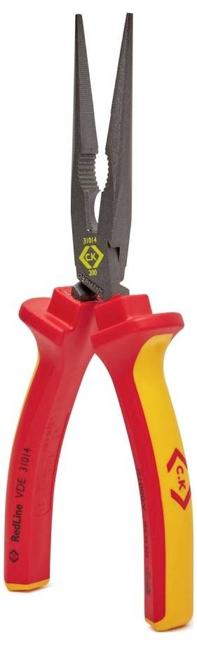 A red and yellow pair of pliers with insulated handles and a long, narrow tip, suitable for electrical work.