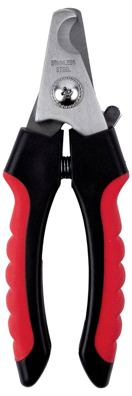 Pet nail clippers with red and black rubber grips and a stainless steel blade, designed for trimming animal nails safely.