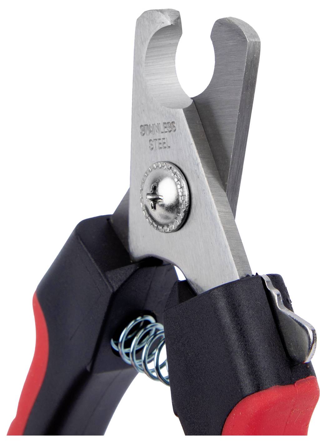 A close-up image of red and black pet nail clippers with a metal cutting blade and a spring mechanism, designed for trimming pet nails.