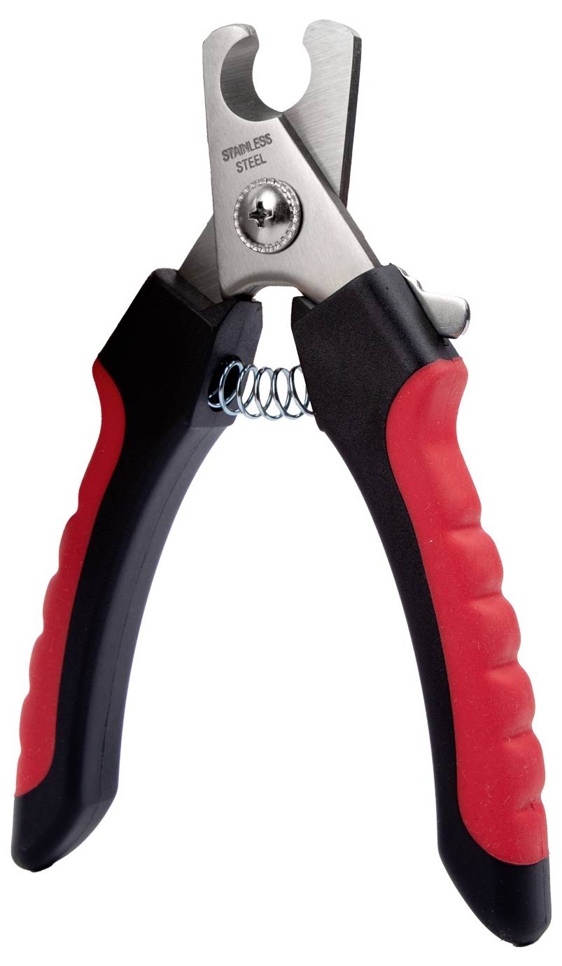 A pair of red and black stainless steel clippers with a spring mechanism, designed for cutting purposes.