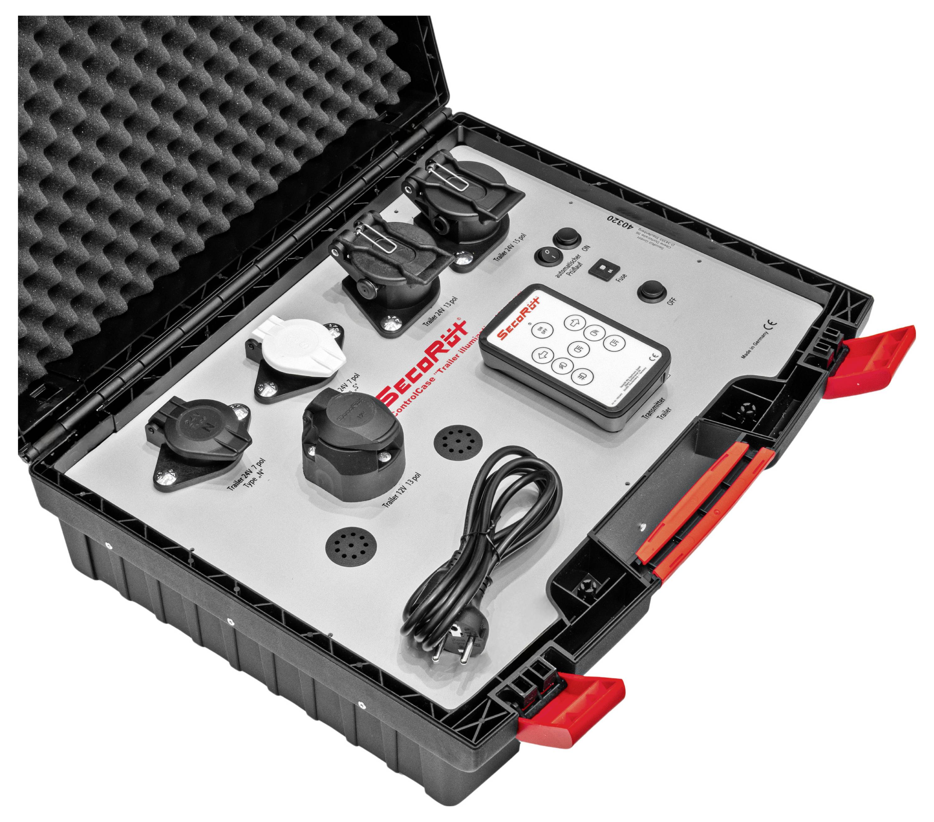 An open black suitcase reveals a device with the 'SecuriFi' logo, several power sockets, and a cable.