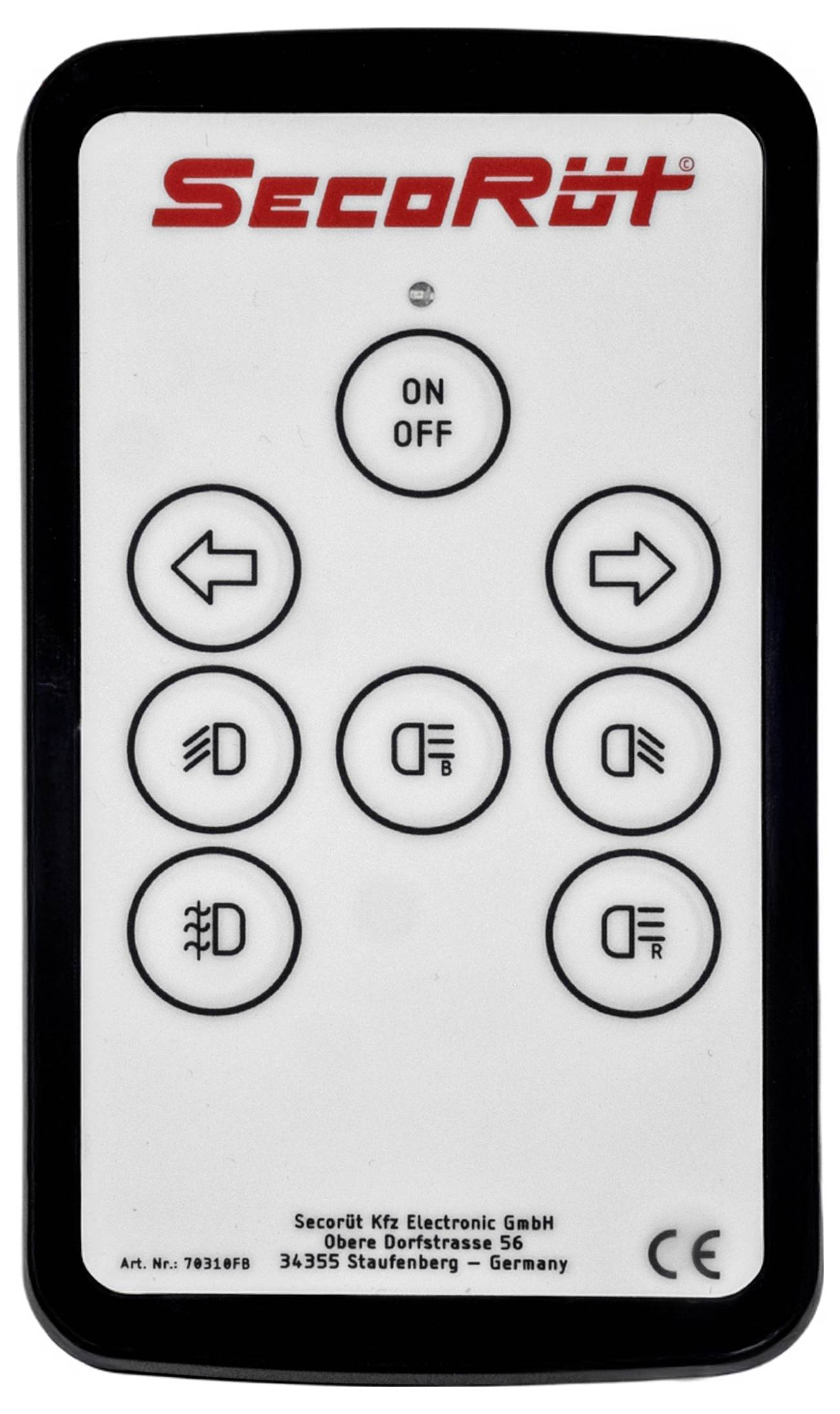 'Remote control with eight symbol buttons for light control and power on/off switch. Brand name 'SecoRüt' at the top. Manufacturer details at the bottom.'
