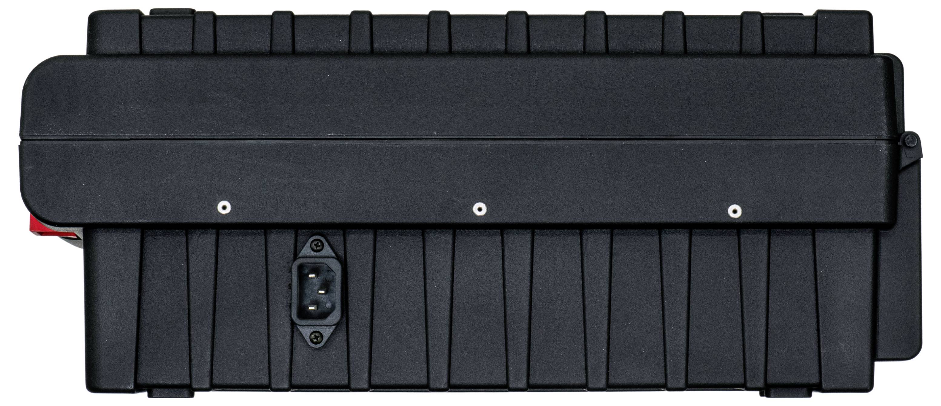A black, rectangular battery box with a side connection. Suitable for use in caravans or boats.