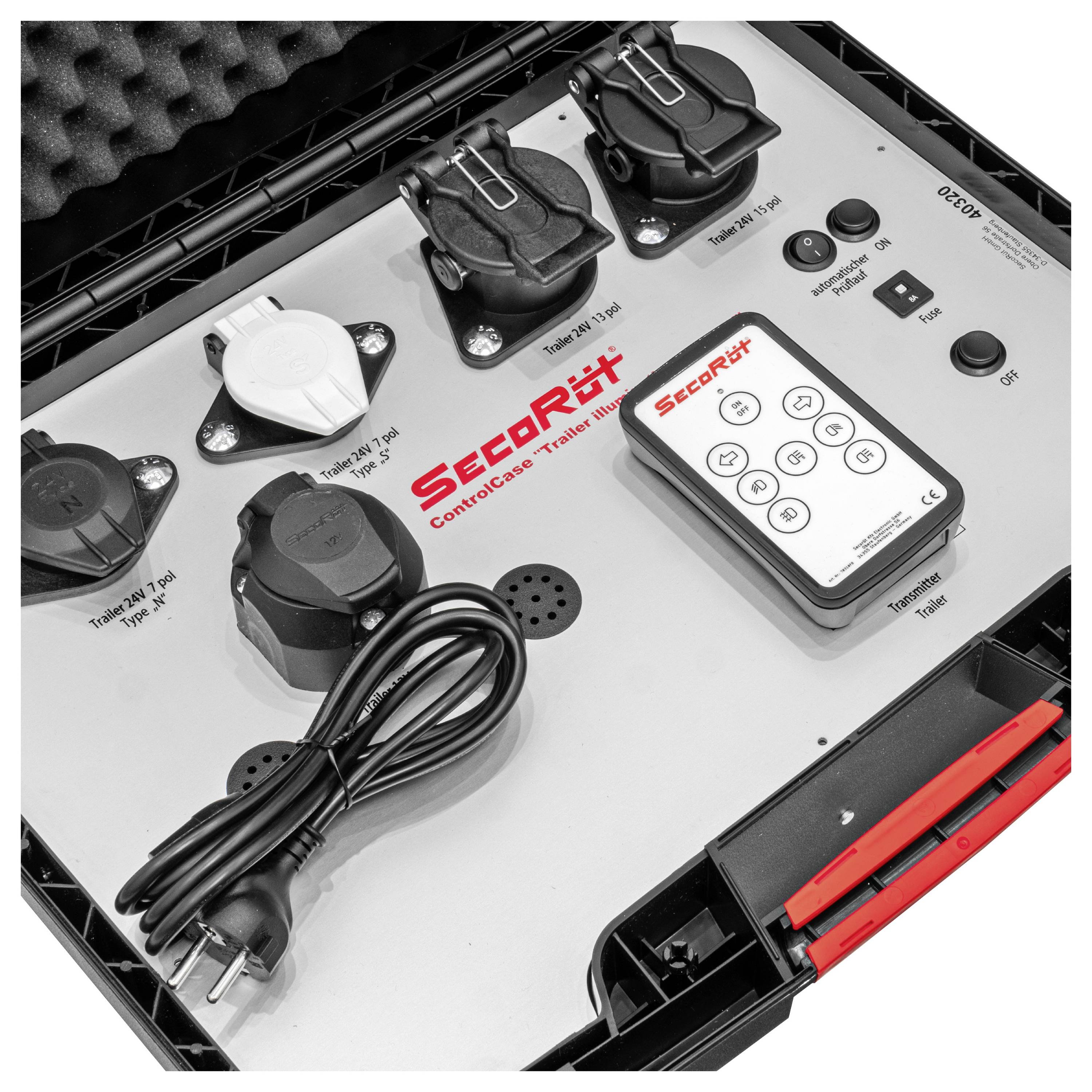 Black suitcase with multiple power sockets and control panel. A mains cable is visible. Marking 'SecoRüt ControlCase Travel XL'.