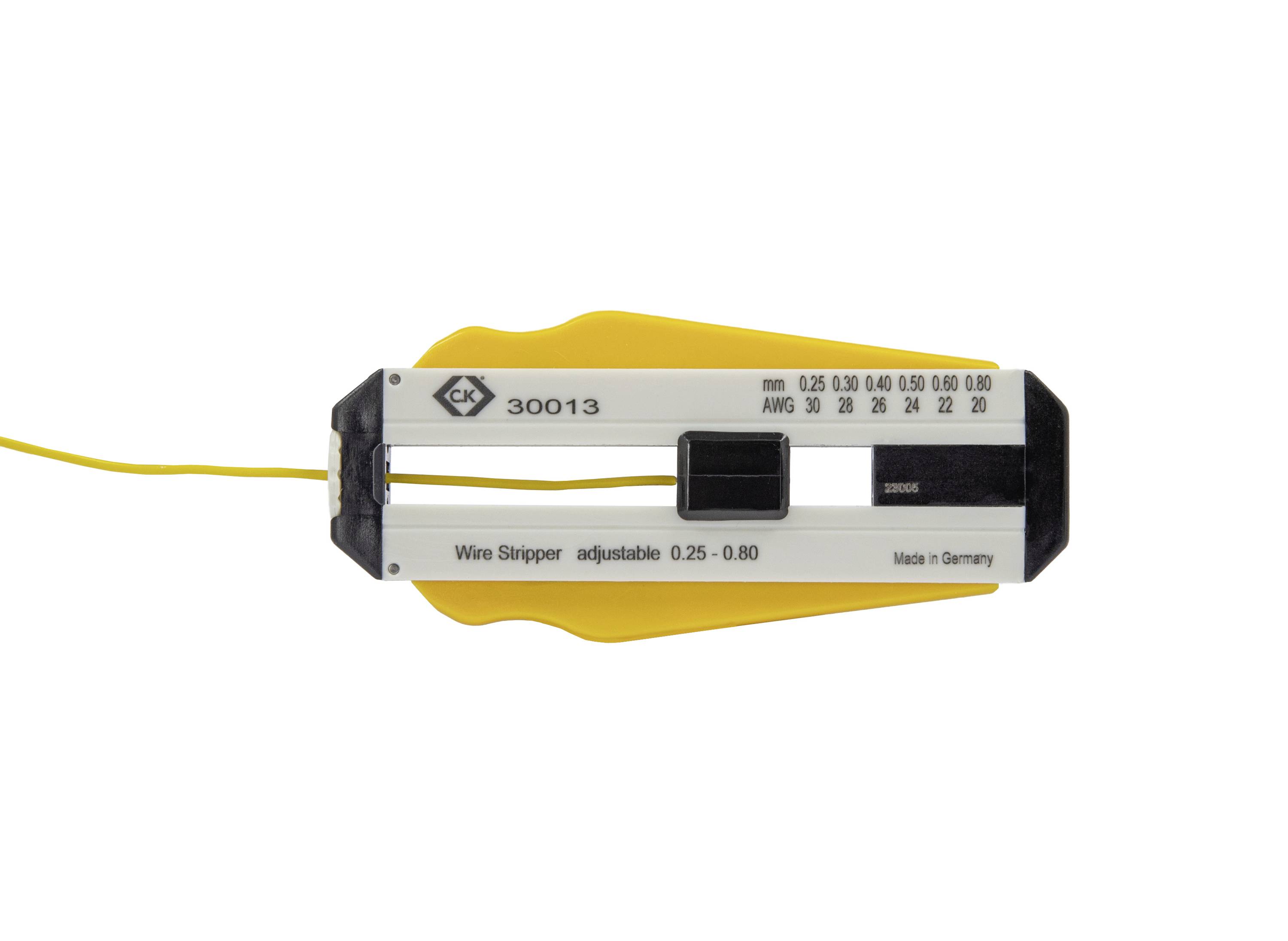 Wire stripping pliers by CK, Model 30013, with adjustable ranges from 0.25 to 0.80 mm. A wire is being stripped.