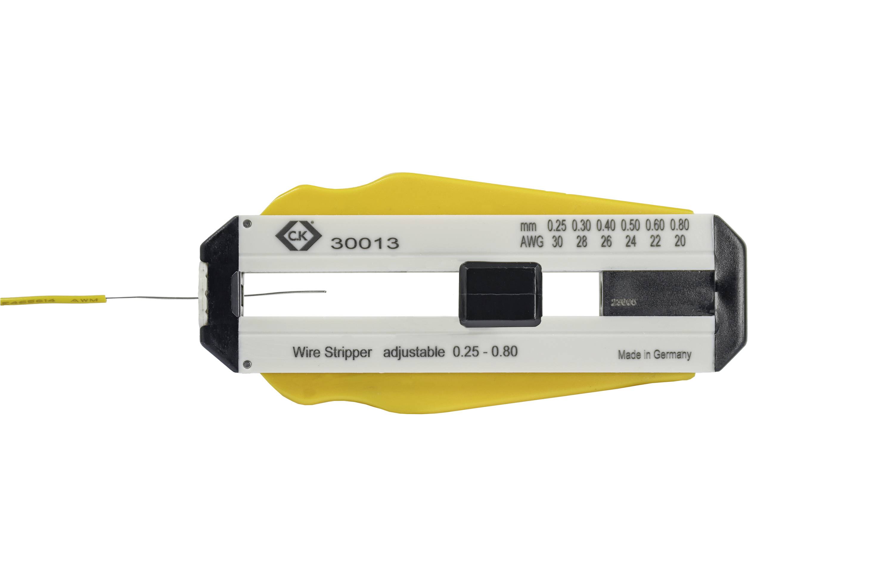 Yellow and black wire stripping tool, suitable for wire diameters from 0.25 to 0.80 mm. Inscription 'C.K. 30013', 'Made in Germany'.