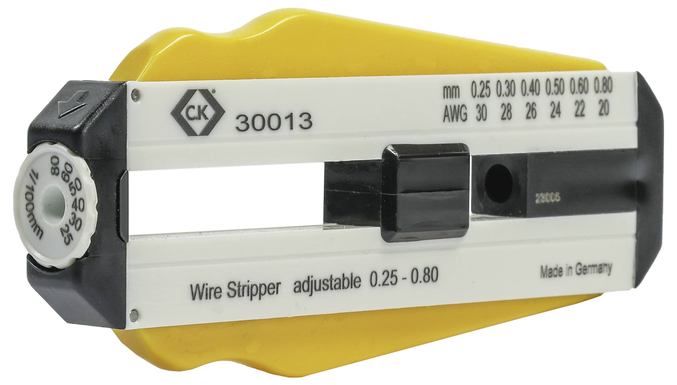'Wire stripping pliers, adjustable 0.25 - 0.80 mm, AWG 30 - 20, manufactured in Germany, tool by CK.'