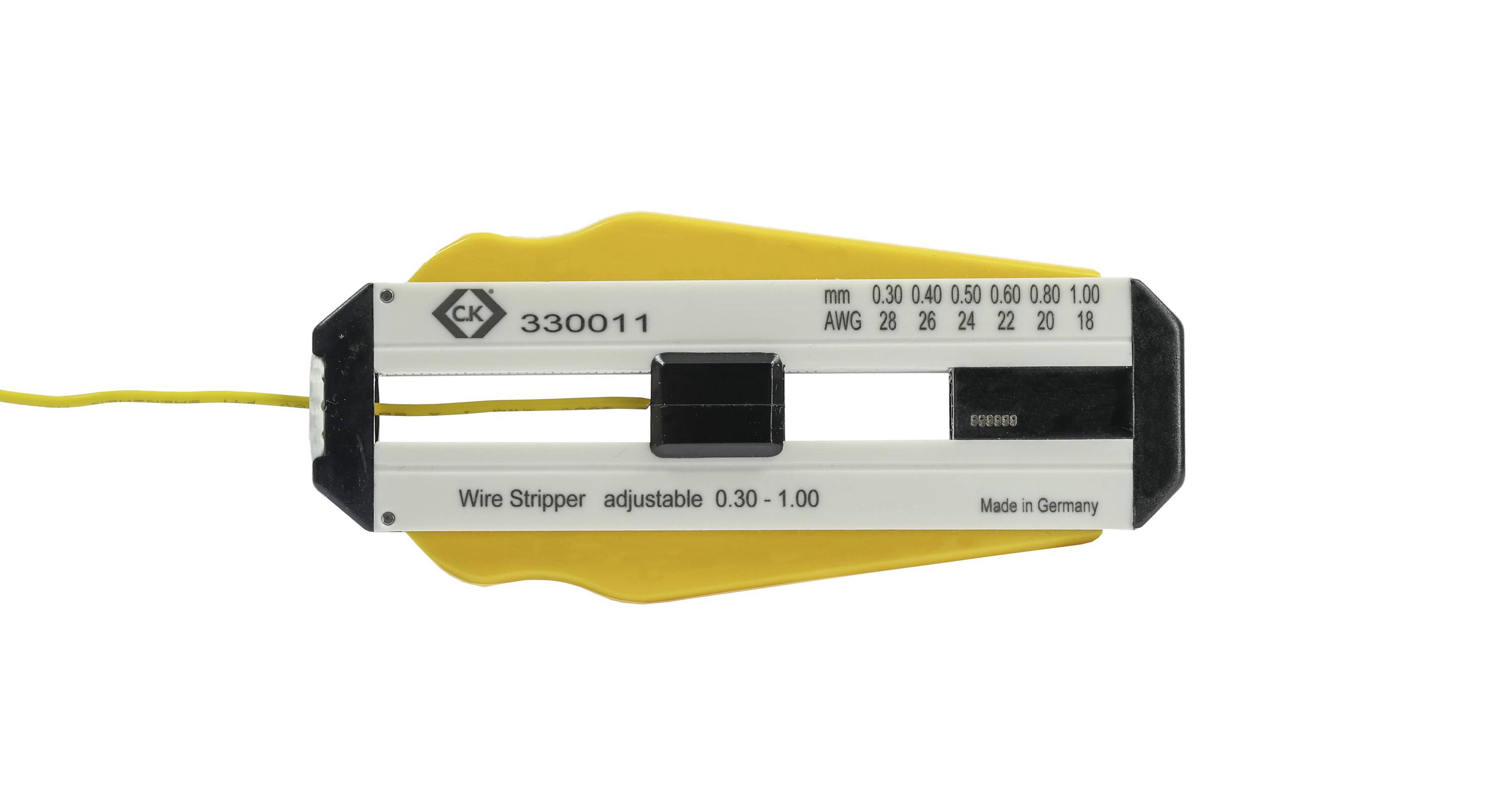 'Wire strippers with scale for mm and AWG, adjustable from 0.30 to 1.00. Manufactured in Germany.'